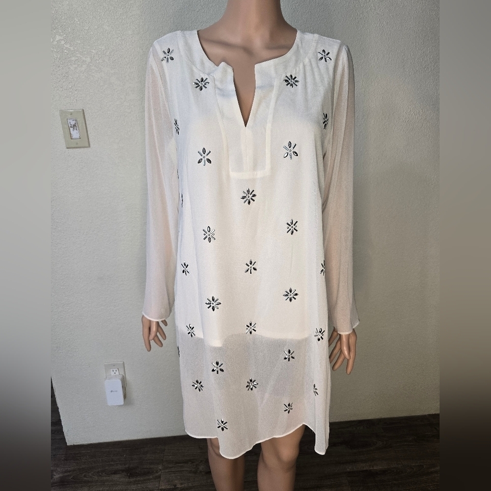 Women's  Alfani Ivory Embellished Illusion Tunic Top Shirt Size See Measurements